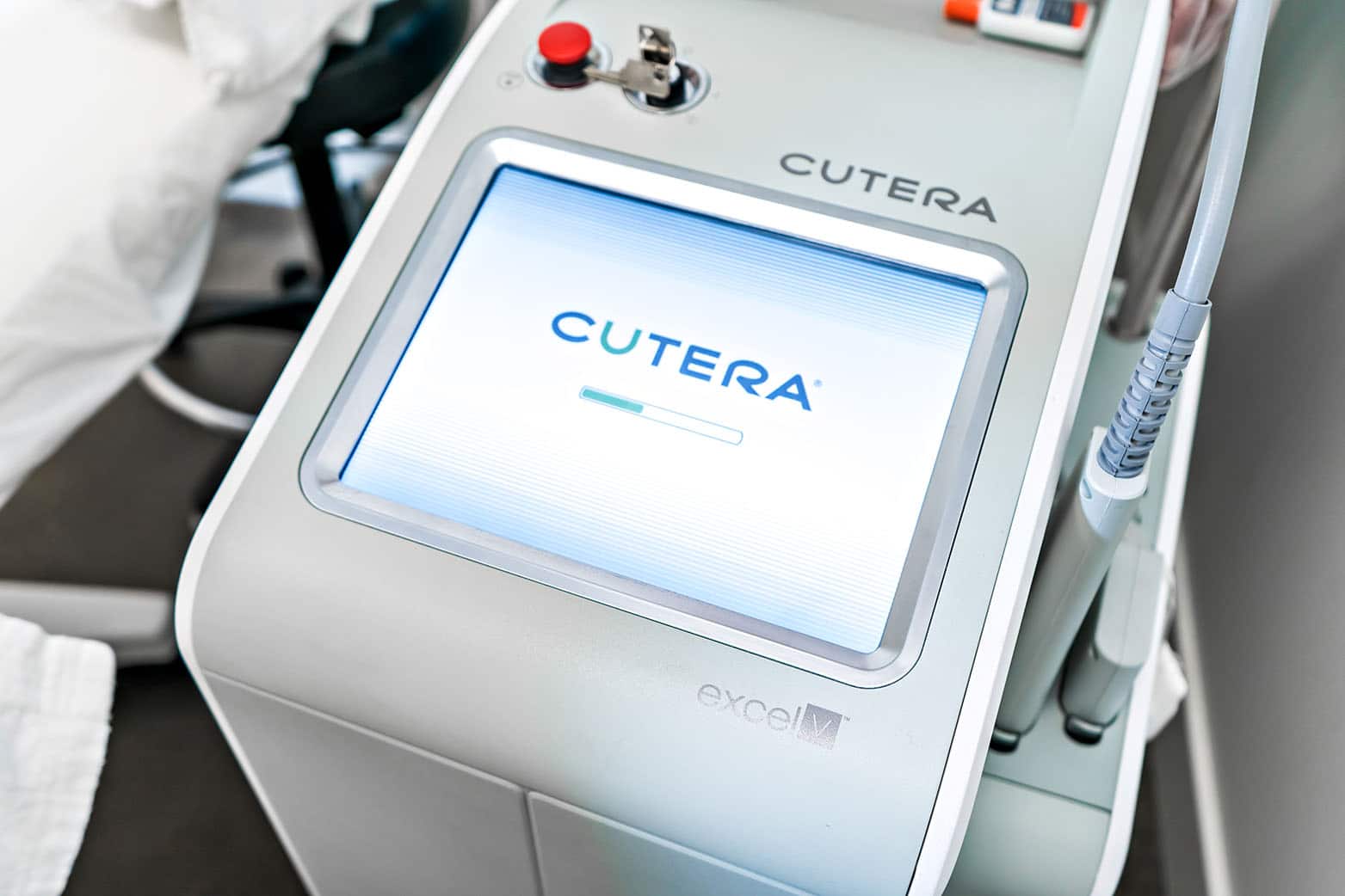 vascular laser by Cutera laser for skin rejuvenation, removing scars, veins, skin discoloration and more. Shows screen starting up for procedure.